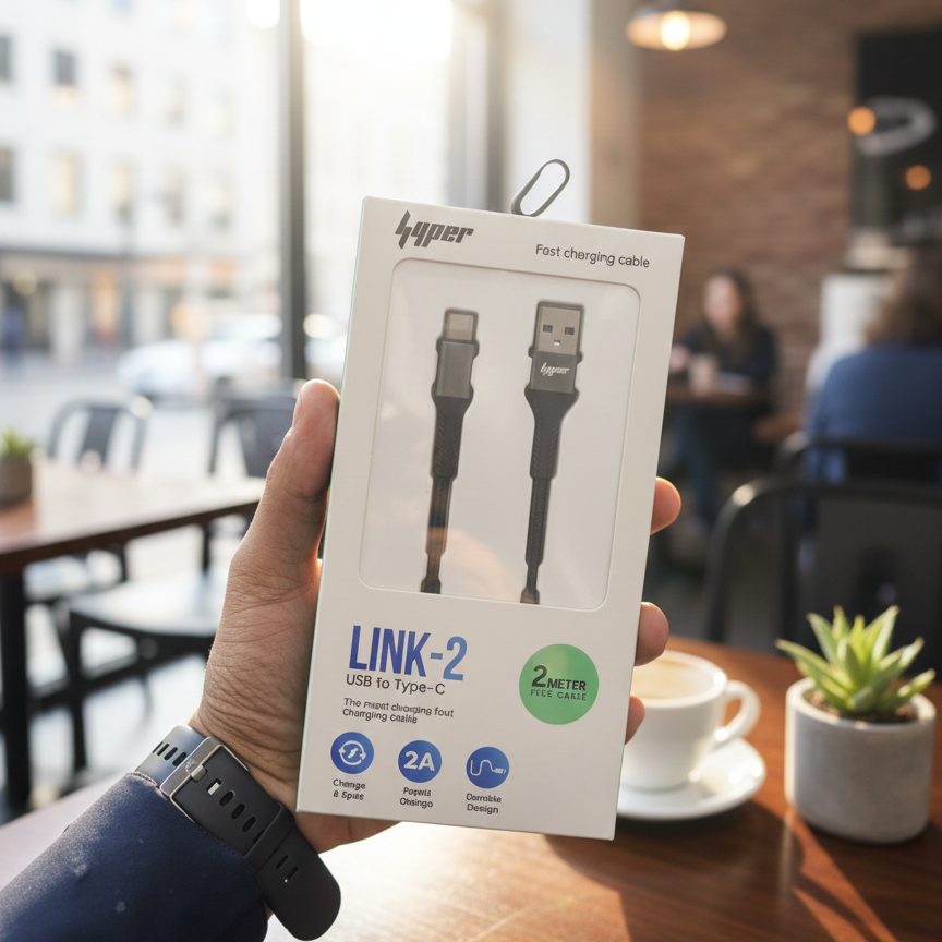 Yolo Hyper LINK-2 USB to Type C Charging Cable (Y-084) – Durable Nylon Braided, 2m, Fast 2A Charging & Data Transfer