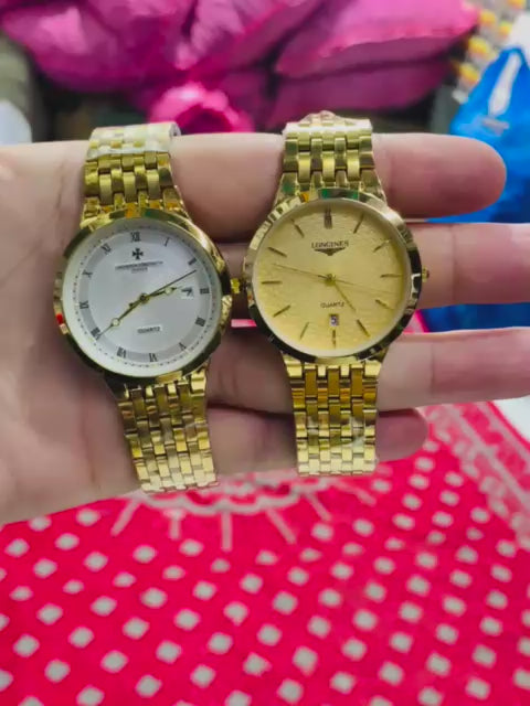 Classic Gold-Plated Men's Quartz Watch - Luxury Inspired Vacheron & Longines Style Dress Watches with Date Display & Link Bracele